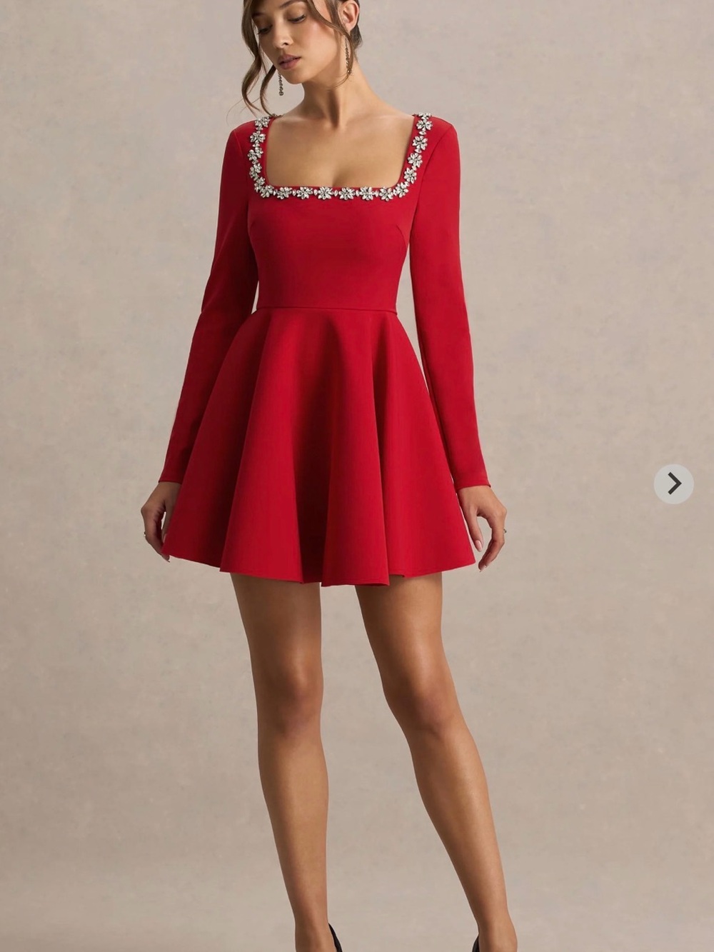 ASTONISH- Red Long-Sleeve Embellished Square-Neck Mini Dress With Volume Skirt